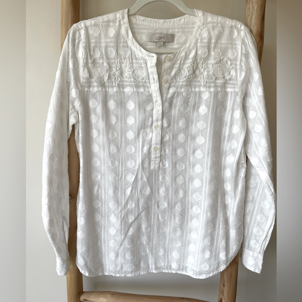 LOFT Embroidered Textured Cotton White LS  Half Button Down Popover Top Shirt S